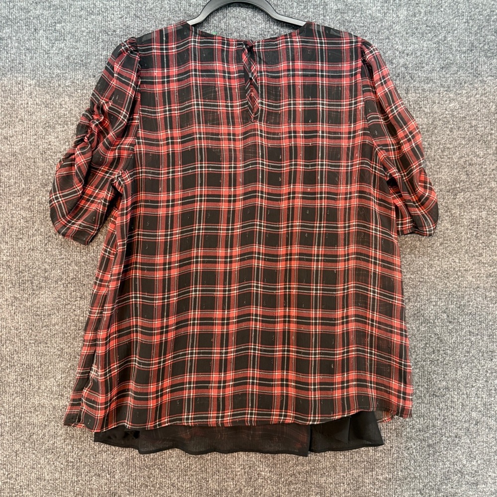 Torrid Blouse Top Womens M Black Red Plaid Mesh Sheer Whimsigoth Holiday Goth - Picture 4 of 8
